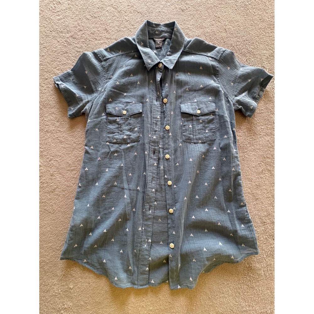 Eddie Bauer Womens XS Blue Cotton Gauze Teepee Print Short Sleeve Button Down